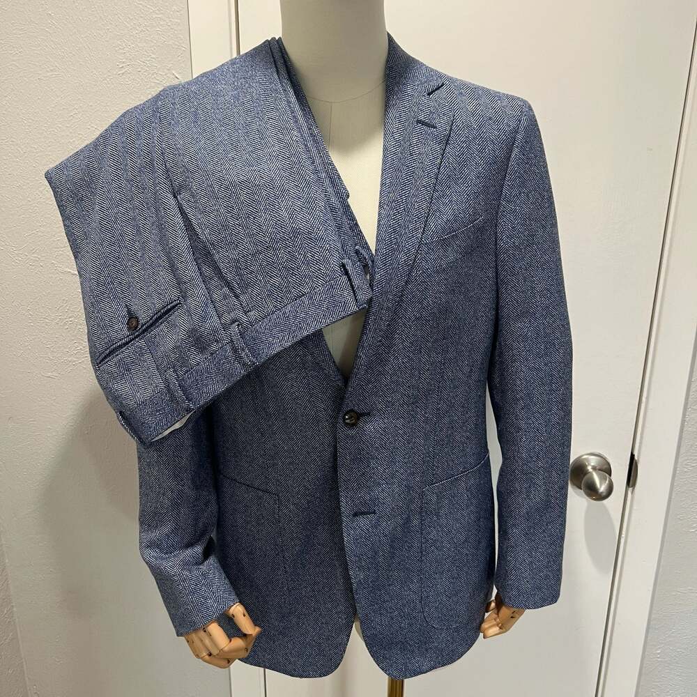 Suitsupply Havana Patch Slim Suit  Blue Herringbone Wool Linen Silk38R